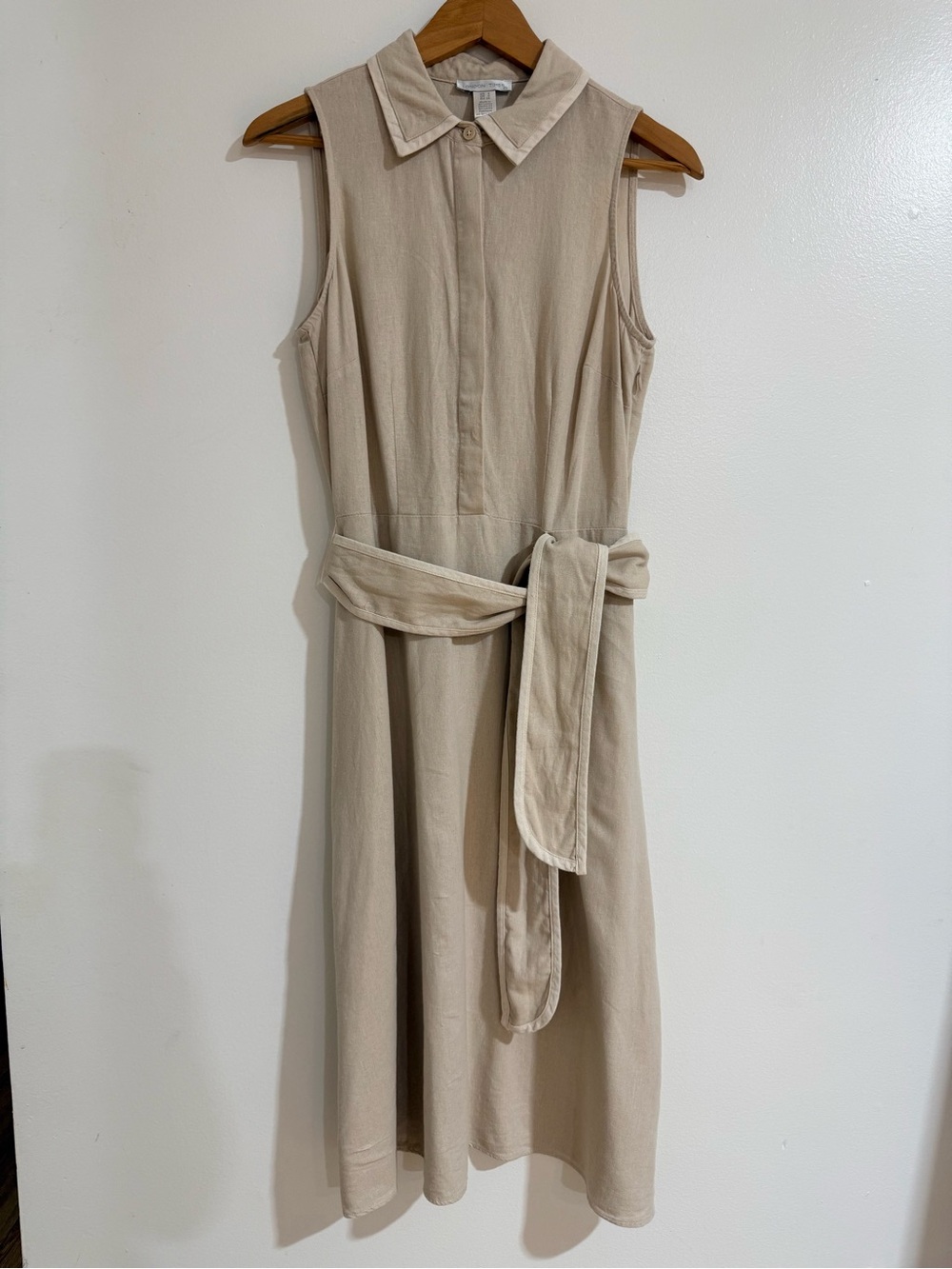 London Times Beige Linen Blend Belted Sleeveless Midi Shirt Dress Size 4